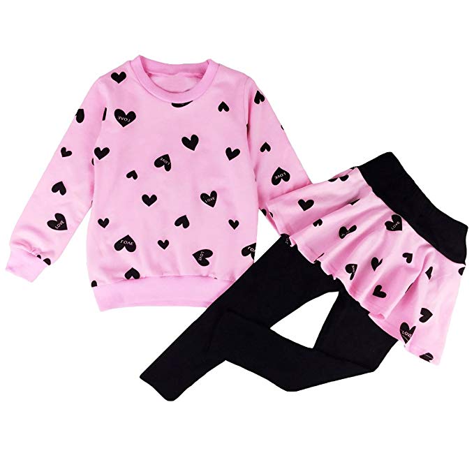 DDSOL Little Girls Clothing Set Outfit Heart Print Hoodie Top Long Pantskirts 2pcs