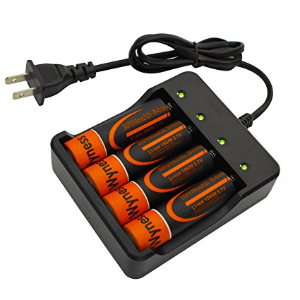 Wyness Rechargeable 3.7V 18650 Lithium Ion Battery and Charger Convenient and safe for High-power LED Flashlights, Headlamps And More Four Channels (A Set of 4 x Batteries and 1 x Charger)