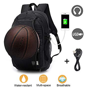 Laptop Backpack for Men Boys, Lightweight Water Resistant College Basketball Backpack with USB Charging Port and Headphone Port, Sports Computer Bag Fits 15.6 inch Notebook and Tablet Black