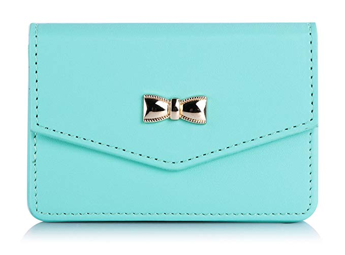 FYY Business Card Holder, Handmade Premium Leather Business Name Card Case Universal Card Holder with Magnetic Closure (Hold 30 pics of Cards) MintGreen