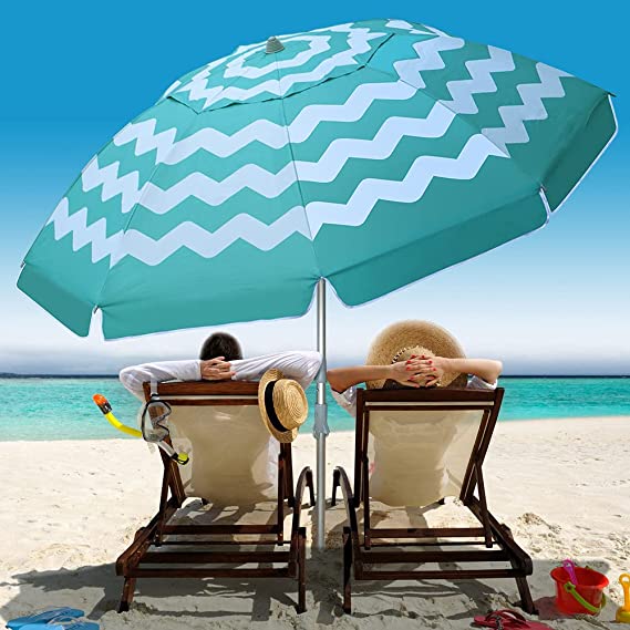 Beach Umbrella, Multifun 7ft Portable Outdoor Umbrella with Sand Anchor UV 50 , Tilt Aluminum Pole, Windproof Adjustable Height Sunshade Shelter with Carry Bag for Beach Patio Garden Yard
