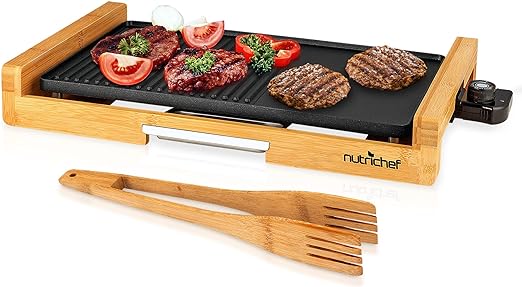 NutriChef Non-stick Plate, Removable Grill & Griddle Plate, Smokeless Electric Bamboo Grill, BBQ Grill with Temperature Control, Durable Quality, Ideal for Indoor BBQ