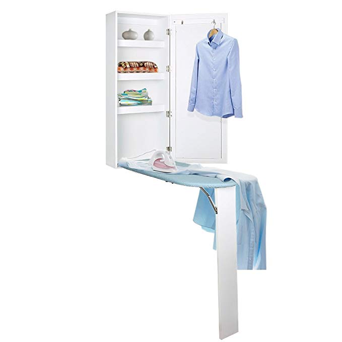 Kugoplay Ironing Board Cabinet Wall Mounted with Built In Ironing Board Storage Cabinet Foldable with Mirror