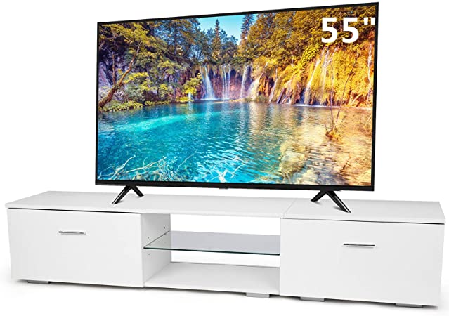 TUSY TV Stands for TV Up to 65 Inch, 2 Storage Cabinets 2 Open Shelves, Media Console Multipurpose Organizer for Living Room Bedroom, White