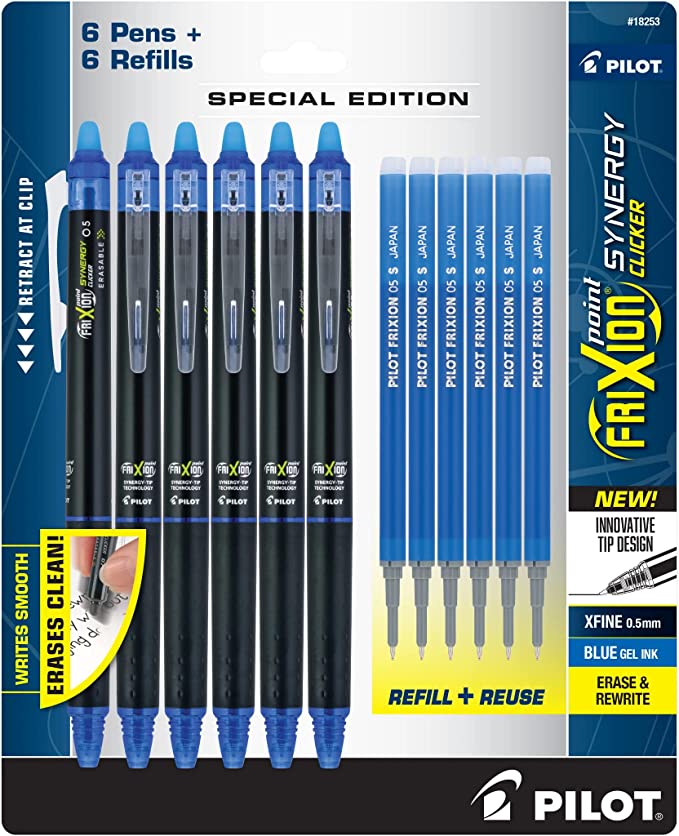 PILOT Frixion Synergy Clicker Erasable Pens, Retractable and Refillable, 0.5mm Extra Fine Point, 6 Pack of Blue Ink Pens   6 Refills