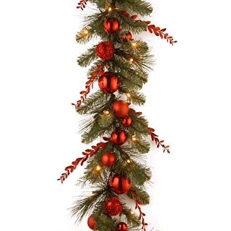 National Tree 9 Foot by 12 Inch Decorative Collection Christmas Red Mixed Garland with Sprigs, Ball Ornaments and 50 Battery Operated Warm White LED Lights (DC13-159-9BB-1)