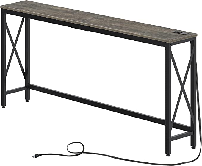 Rolanstar Console Table with Power Outlet, Narrow Sofa Table, 70" Farmhouse Table Behind Sofa Couch Hallway Entrance for Living Room, Entryway, Foyer, with Metal Frame and Adjustable Feet,Gray