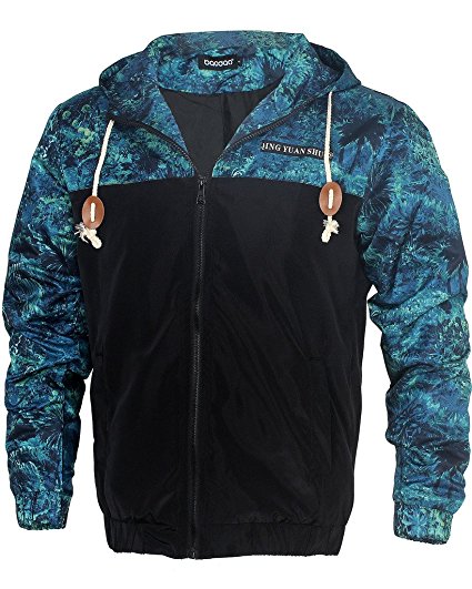 Men's Stylish Floral-Print Light Weight Hoodie Jackets Wind-Resistant Coat