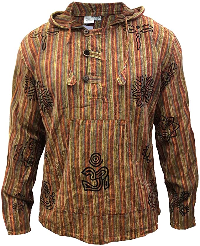 SHOPOHOLIC FASHION Mens Stonewashed Striped Hooded Hippy Grandad Shirt