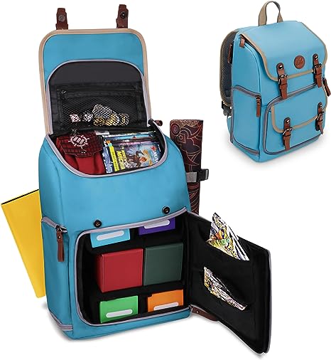 ENHANCE Designer Edition Trading Card Backpack - MTG Backpack Deck Bag with Card Binder Space, TCG Deck Box Storage, Playmat Holder - Compatible with Magic the Gathering, Pokemon (Canvas Look - Blue)