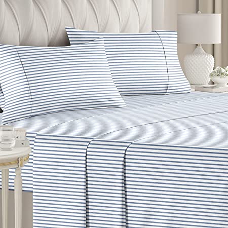 Striped Bed Sheets - Pin Striped Sheets - Blue and White Sheets - White and Blue Striped Sheets - Queen Striped Sheets - Hotel Luxury Bed Sheets - Deep Pockets - Breathable & Cooling Sheets