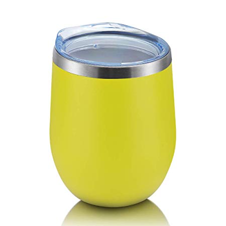 DOMICARE Insulated Wine Tumbler with Lid (1 Pack, Yellow) - 12 OZ Stemless Double Wall Vacuum Traval Mug - Keeping Cold & Hot for Wine, Coffee, Cocktails, Drinks