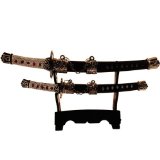Table Top Mini Twin Japanese Samurai Sword Letter Openers 85-Inch with Stand