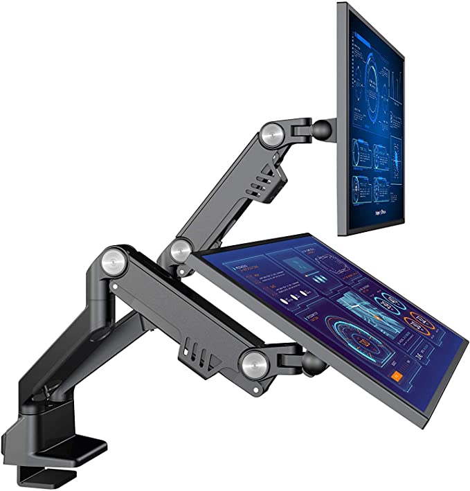 AVLT-Power Dual 35" Monitor Desk Stand - Mount Two 31 lbs Computer Monitors on 2 Full Motion Height Adjustable Arms - Top Mounting - Organize Work Surface with Ergonomic VESA Monitor Mount