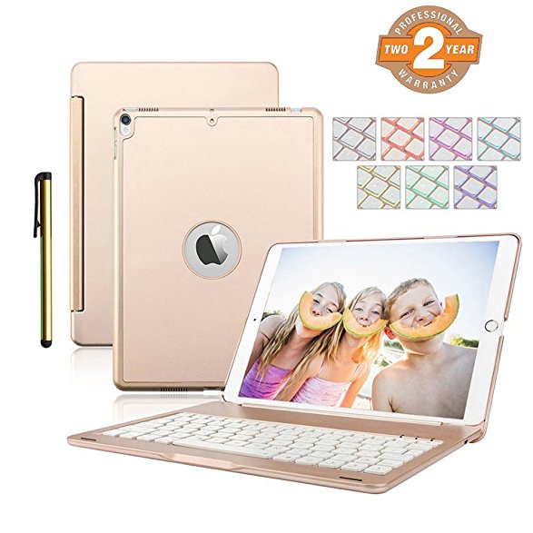 Daphnee ipad pro 10.5 keyboard case, protective hard shell case smart cover with 7 Colors backlit bluetooth keyboard,auto sleep and wake,free protector and stylus for apple ipad pro 10.5 2017,Gold