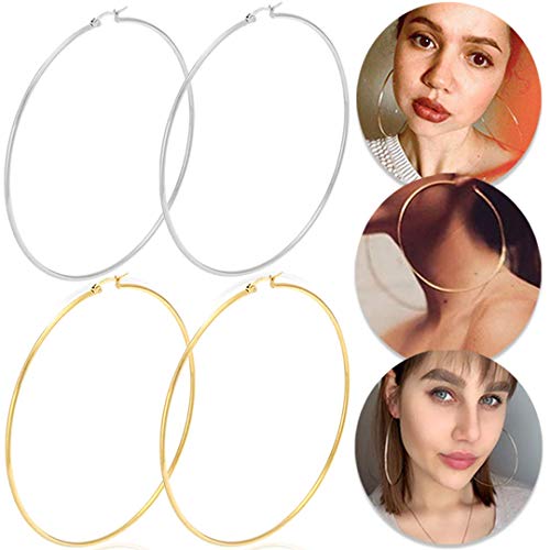 LXBSIYI Huge Gold Hoop Earrings for Women - Plated 10k Gold Stainless Steel Hooped Earrings for Women, 70-100mm Large Gold Hoop Earrings (2 Pairs of 3.94"(100MM) - Gold&Sliver Color)