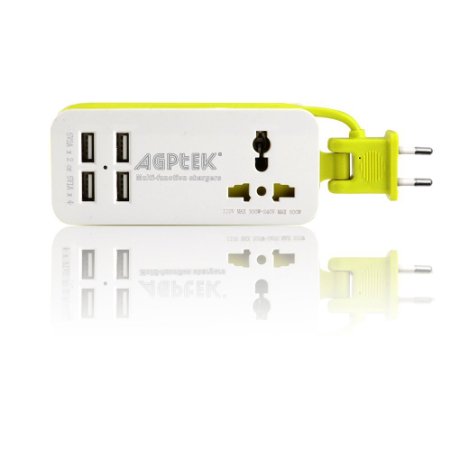 AGPtek Portable Power Strip Travel Outlets（2.1AMP 1AMP 21W）and 1.5M/5ft Power Supply Cord With Universal Plug Wide Range Input From 100v-240v Power Sockets w/ 4 Port 5v 1A/2.1A USB Charger for 5V 2.4A Output for iPhone 6 / 6 Plus / 5S / 5, iPad Air / Mini, Samsung Galaxy Note 4 / Note 3 / Note 2 / S5 / S4 / S3,Galaxy Tab, Google Nexus,7,Kindle Fire, and Other Smartphone and Tablet (EU Plug)