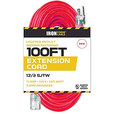 100 Ft Lighted Extension Cord - 12/3 SJTW Heavy Duty Red Outdoor Extension Cable with 3 Prong Grounded Plug for Safety - Great for Garden & Major Appliances