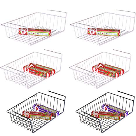 Under Shelf Basket, iSPECLE 6 Pack Under Shelf Wire Baskets, Slides Under Shelf Rack For Storage, Easy to Install, 4 White, 2 Black