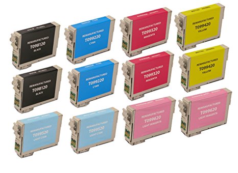 12 Pack Remanufactured Inkjet Cartridges for Epson T098 T099 #98 #99 T098120 T099220 T099320 T099420 T099520 T099620 Compatible With Epson Artisan 700, Artisan 710, Artisan 725, Artisan 730, Artisan 800, Artisan 810, Artisan 835, Artisan 837 (2 Black, 2 Cyan, 2 Magenta, 2 Yellow, 2 Light Cyan, 2 Light Magenta) 12PK by Aria Supplies ®