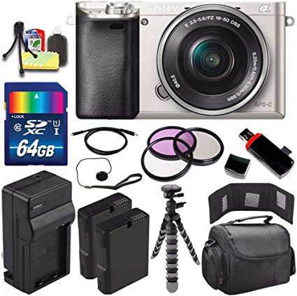 Sony Alpha a6000 Mirrorless Digital Camera with 16-50mm Lens (Silver)   Battery   Charger   64GB Bundle 6 - International Version (No Warranty)