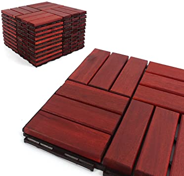 Deck Tiles - Patio Pavers - Acacia Wood Outdoor Flooring - Interlocking Patio Tiles - 12"x12" (20 Pack) - Clay Finish - Checker Pattern Decking