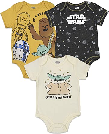 STAR WARS 3 Pack Short Sleeve Bodysuit: The Child Chewbacca R2-D2 C-3PO Yoda