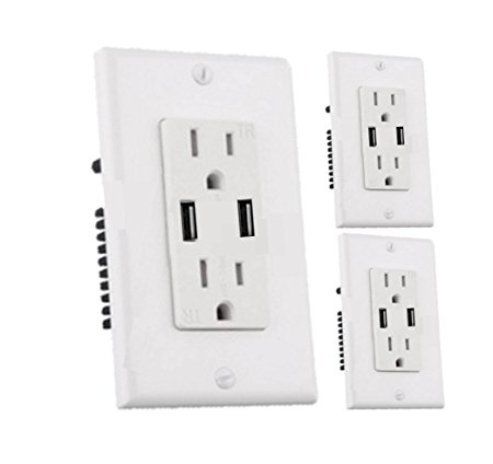 Teklectric 4.2A High Speed Dual USB Charger Outlet 15A Tamper Resistant Receptacle & Free Wall Plate, White - 3 Pack