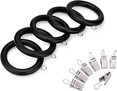 Wood Curtain Rings with Clips in Black Varnished Finish (Set of 12, 1.5 Inch)
