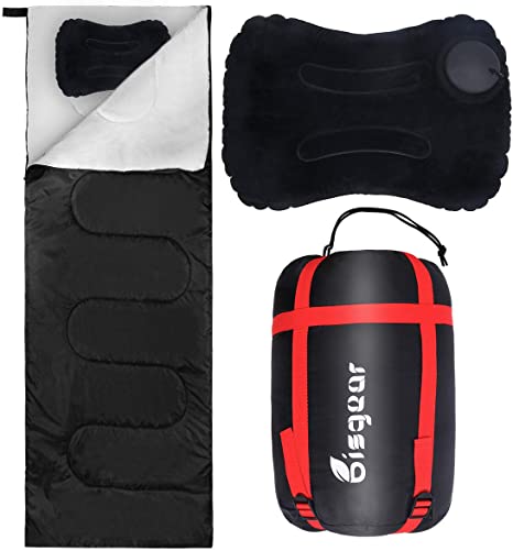 Bisgear Lightweight Sleeping Bag   Inflatable Pillows for Warm Weather - Backpacking Camping Envelope Portable Comfort Water Resistant with Compression Sack - Great for Kids, Adult