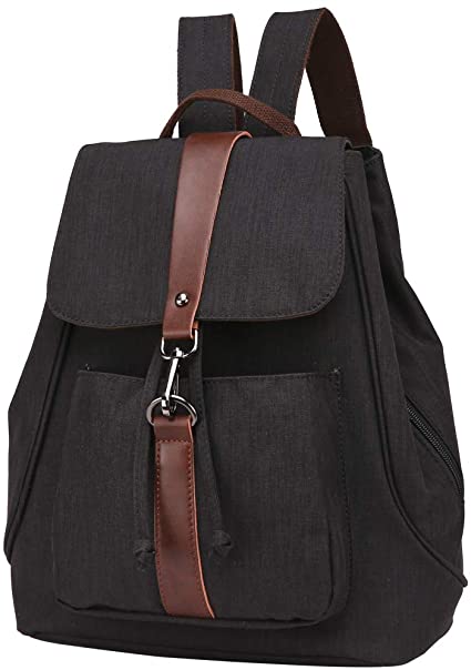 BuyAgain Casual Canvas Leather Backpacks Purse for Women Vintage Girls Daypack Travel Rucksack School Bag,Black