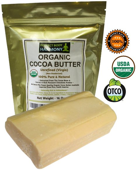 Real CERTIFIED Organic Cocoa Butter Bar Premium Non-Deodorized X-Large One LB 160 oz AUTHENTIC ORGANIC Chocolate Aroma From The Cacao Bean Naturally Rich In Antioxidants THE BEST