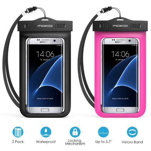5.7 Inch Waterproof Case, MoKo [2-Pack] Universal Cellphone Dry Bag With Armband & Neck Strap for iPhone SE/6s Plus, Galaxy S7/ S7 Edge and Other Devices up to 5.7 inch, BLACK   MAGENTA