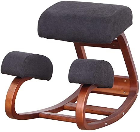 Wooden Kneeling Chair Rocking, Upright Rocker Stool for Home Office, Back Pain Relief for Computer Desk, Orthopedic Spine Support, Thick Comfortable Knees Cushions (Black 1)