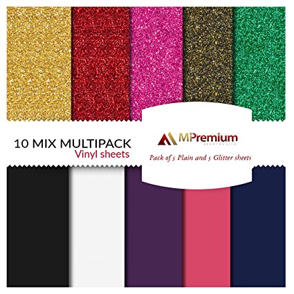 MiPremium PU Heat Transfer Vinyl, HTV Iron On Vinyl Starter Pack, Combo BUNDLE Kit Of Heat Press Vinyl in 10 Most Popular of Glitter & Plain Colors, Easy Cut, Weed & Press (10 x Combo Pack)
