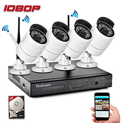 Yeskam CCTV Camera System Wireless 1080P 4 Channel Security NVR Recorder with 2.0 Megapixel Outdoor Surveillance Cameras Preinstalled with 2TB Hard Drive for Home Remote View on Smartphone App