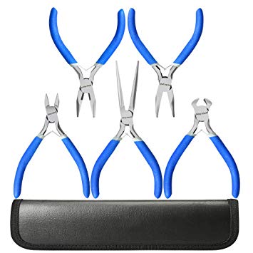 5 Piece Mini Pliers Tool Set, Kingsdun Flush Side Wire Cutter Pliers Set Include Needle/Long Nose/Diagonal/End Cutting/Linesman Pliers for Jewelry Arts Mechanical Work Small Electronics Repair