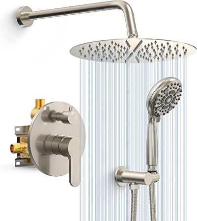 SR SUN RISE Shower System - 12 Inch High Pressure Round Shower Head - 6 Setting Headheld - Valve Included (Brushed Nickel)