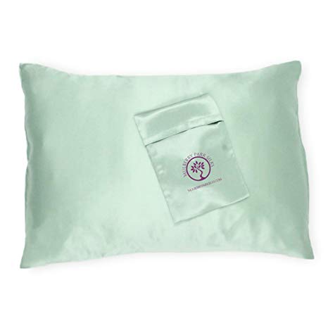 Pure Silk Travel Pillowcase - Green Travel Size (13" x 18") - 19 Momme 100% Mulberry Silk, Front and Back - Envelope Closure - Oeko-TEX Certified