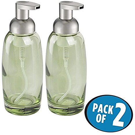 mDesign Foaming Glass Soap Dispenser Pumps for Bathroom Counter, Vanity - Pack of 2, Green/Brushed