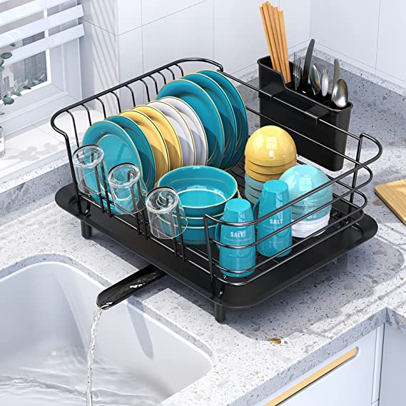 BASSTOP Dish Drying Rack, Dish Drainer for Kitchen Rustproof Dish Dryer Rack for Countertop with Removable Utensil Holder and Adjustable Swivel Spout, Dish Drainer in Sink, Organization Storage Shelf