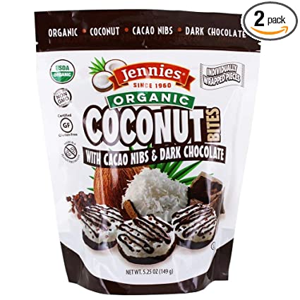 Jennies Organic Coconut Bites with Cacao Nibs, 5.25oz Glten Free, Non-GMO, Peanut Free, Kosher (2)