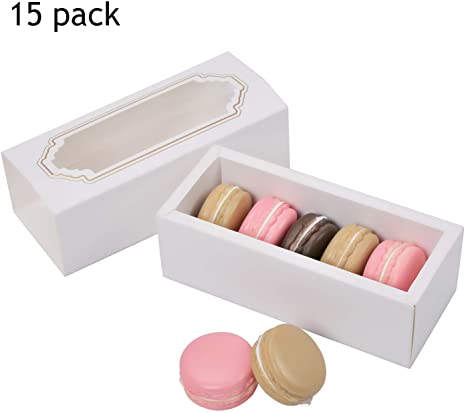 Macaron Boxes, Cake Paper Container with Clear Window, White Cookie box with Grid for 5 Macarons or Biscuits-15 pack