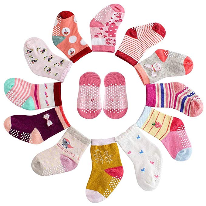 MAYBOX 12 Pairs Assorted Non-Skid Ankle Cotton Socks Baby Girl Socks, Toddlers Crew Baby Socks with Grip