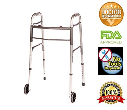 Walker Folding Deluxe 2 Button with Front 5" Wheels By Healthline Trading
