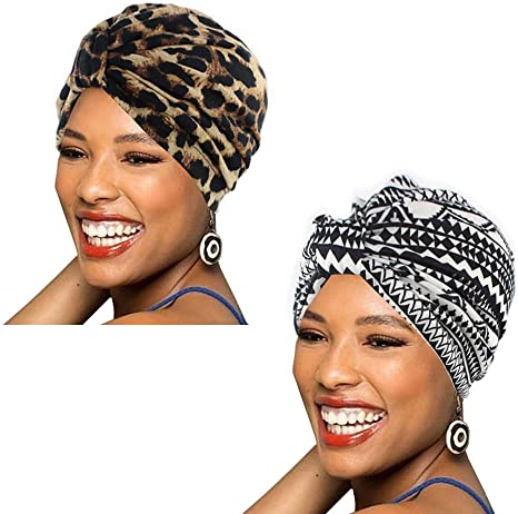 BABAHU 1Pack / 2Packs / 4Packs Women Turban African Pattern Cotton Knotted peas pre-Tied hat Makeup Cap Hair Loss Cap
