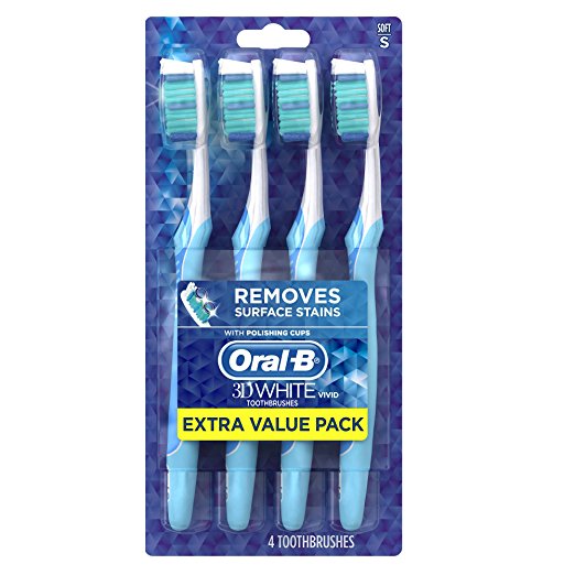 Oral-B 3D White Vivid 40 Soft Manual Toothbrush with Tongue Cleaner USPR, Assorted Colors, 4 Count