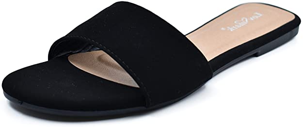 Love Mark Women's Slip-On Open Toe Single Band Flat Slide Sandals