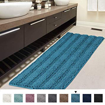 Striped Bath Mat Runner Shag Original Luxury Chenille Bathroom Rug Mat Non Slip Extra Soft and Absorbent Shaggy Rugs, Perfect Plush Carpet Mats for Tub, Shower, Turquoise Blue, 47 x 17 inches