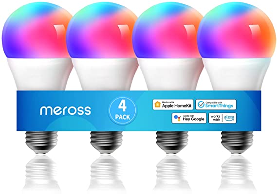 Smart Light Bulb, meross Smart WiFi LED Bulbs Compatible with Apple HomeKit, Siri, Alexa, Google Assistant and SmartThings, Dimmable E26 Multicolor 2700K-6500K RGB, 810 Lumens 60W Equivalent, 4 Pack